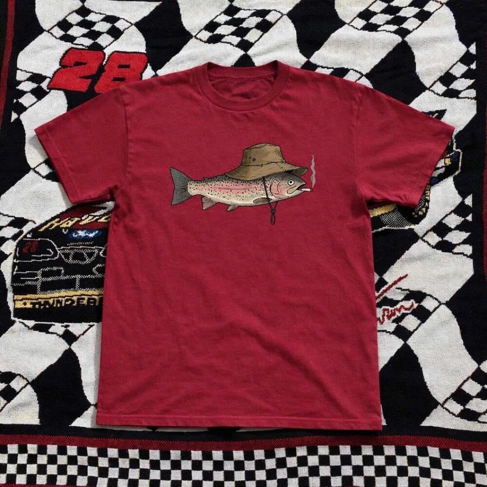 Red Graphic Tee With Brown Trout Design